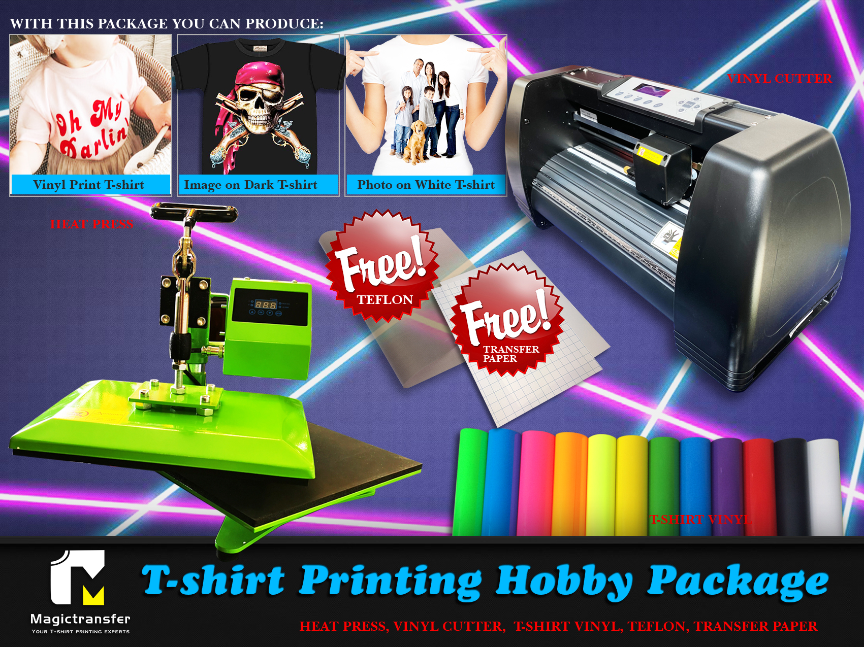 Complete t-shirt printing package with cap press, big format heat press and  Commercial A3 laser printer