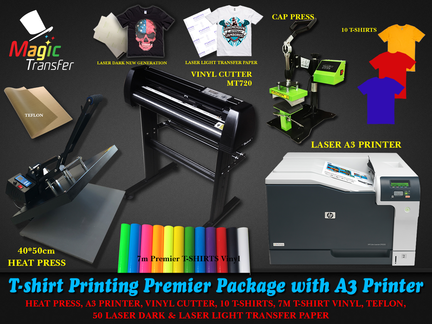 Prædike varme Mekaniker Complete t-shirt printing package with cap press, big format heat press and  Commercial A3 laser printer - Magic Transfer